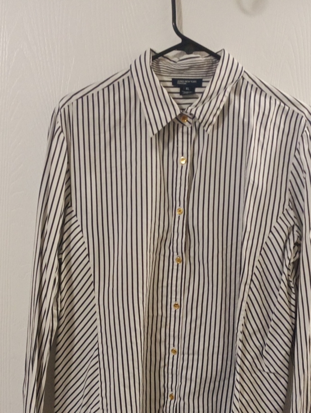 Jones New York Black and White Vertical Stripe Dress Shirt with Gold Buttons